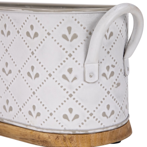 11.25" White Oval Embossed Long Caddy with Side Handles and Wooden Base