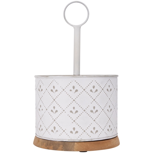 7" White Round Embossed Caddy with Wooden Base