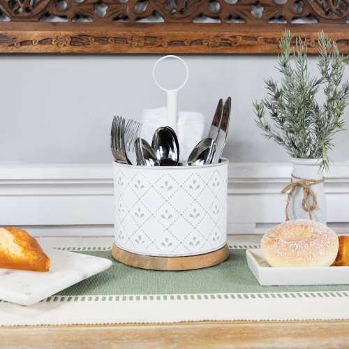 7" White Round Embossed Caddy with Wooden Base