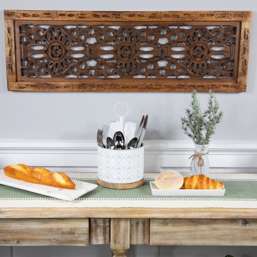 7" White Round Embossed Caddy with Wooden Base