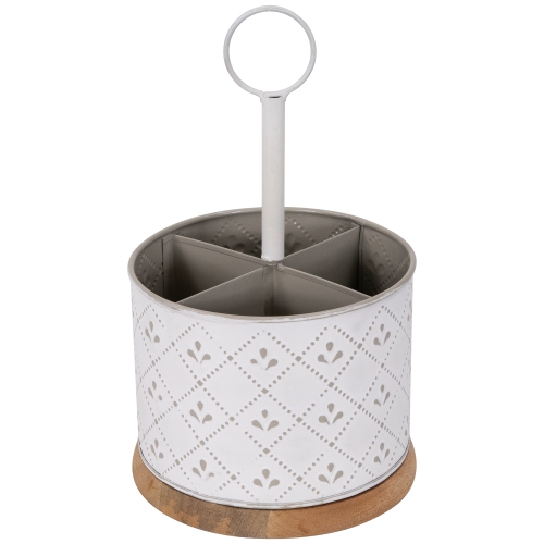 7" White Round Embossed Caddy with Wooden Base
