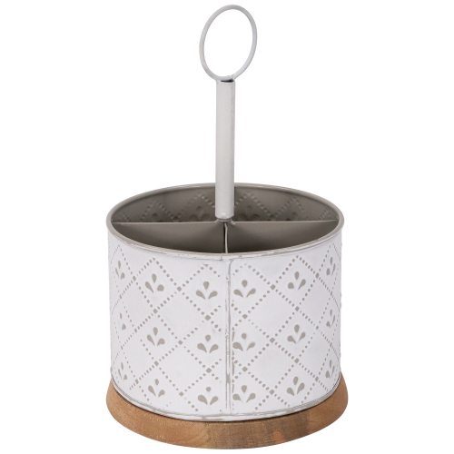 7" White Round Embossed Caddy with Wooden Base