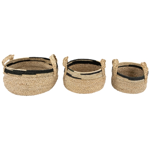 Set of 3 Khaki and Black Braid Weave Seagrass Storage Baskets with Handles 13.75"