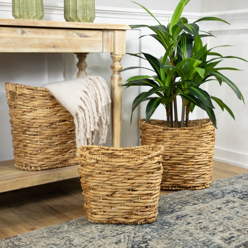 Set of 3 Oval Braid Weave Water Hyacinth Baskets with Built-in Handles 17.25"