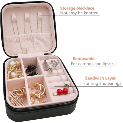 Portable Black Mini Jewelry Travel Case Organizer for Rings, Earrings, Necklaces - Small Display Storage Box, Ideal for Gifts