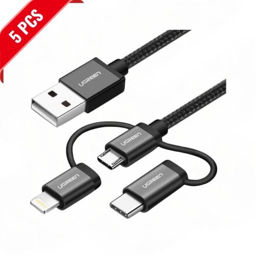 UGREEN  [5 Pack] USB 2.0 to Micro USB+Lightning+Type C (3 In1) Data Cable-Black