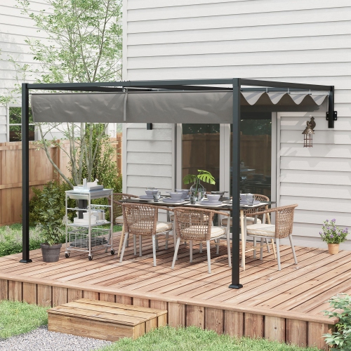 Outsunny 10' x 10' Retractable Pergola Canopy, Lean To Pergola, Wall Mounted Garden Gazebo Outdoor Sun Shade Shelter for Grill, Patio, Deck