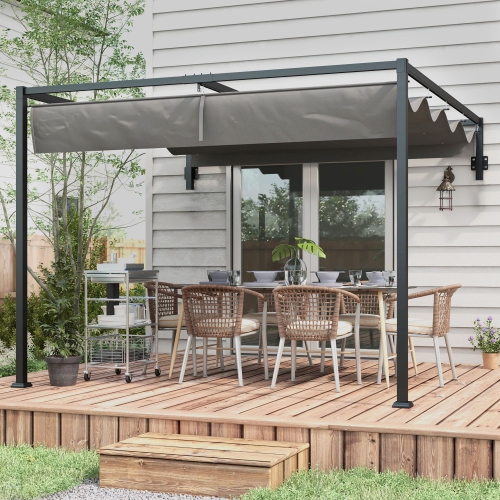 Outsunny 10' x 10' Retractable Pergola Canopy, Lean To Pergola, Wall Mounted Garden Gazebo Outdoor Sun Shade Shelter for Grill, Patio, Deck