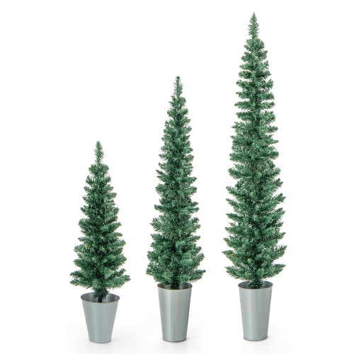 Topbuy 3' & 4' & 5' Potted Artificial Christmas Tree Set of 3 Pencil Xmas Trees w/ 120 & 140 & 160 Branch Tips