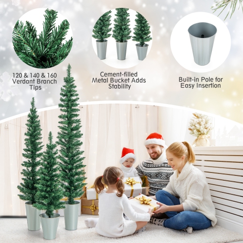 Topbuy 3' & 4' & 5' Potted Artificial Christmas Tree Set of 3 Pencil Xmas Trees w/ 120 & 140 & 160 Branch Tips