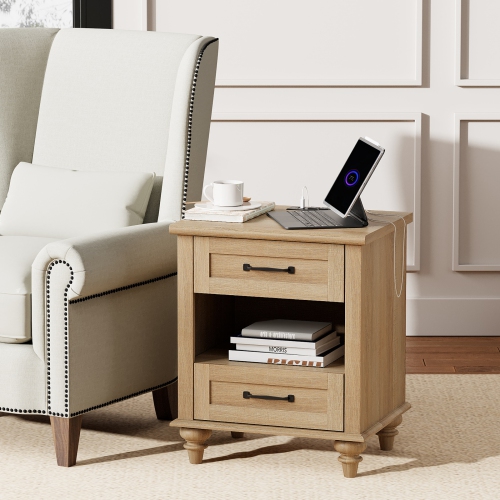 WAMPAT Side Table with Drawer Nightstand with SUB Charging Station,Farmhouse End Table for Living Room, Bedroom