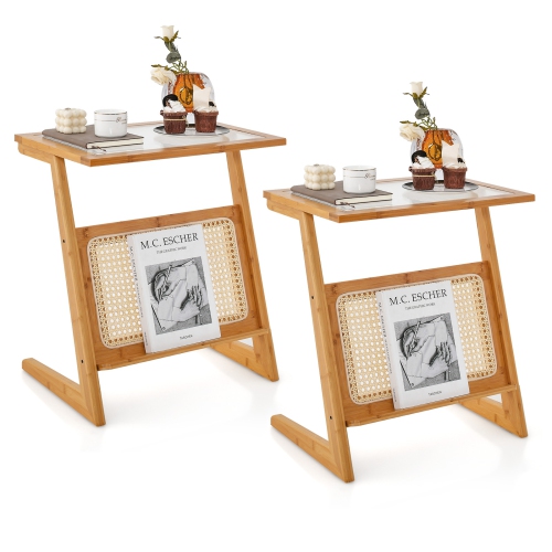 Topbuy 1pc/2pcs Table d'appoint en Z avec table d'extrémité en verre à tablette en rotin et porte-revues avec table de chevet côté sofa