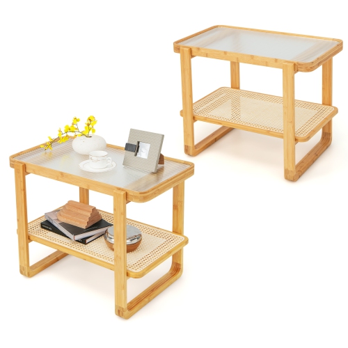 Topbuy 1pc/2pcs 2-tier Bamboo Side Table w/ Glass Top End Table w/ PE Rattan Shelf Home Sofa Side Table w/ Storage Nightstand Bedside Table