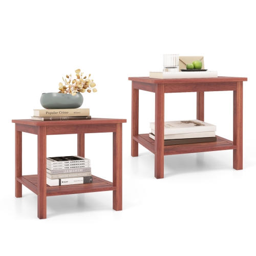 Topbuy 1pc/2pcs Patio Side Table Double-Tier Acacia Wood End Table Slatted Tabletop & Shelf Outdoor Small Side Table with Storage