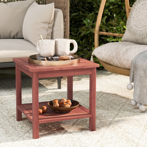 Topbuy 1pc/2pcs Patio Side Table Double-Tier Acacia Wood End Table Slatted Tabletop & Shelf Outdoor Small Side Table with Storage
