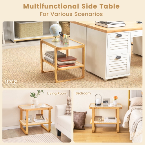 Topbuy 1pc/2pcs 2-tier Bamboo Side Table w/ Glass Top End Table w/ PE Rattan Shelf Home Sofa Side Table w/ Storage Nightstand Bedside Table