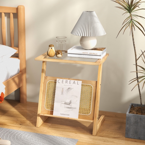Topbuy 1pc/2pcs Z-shaped Side Table w/ Rattan Shelf Glass Top End Table w/ Magazine Rack Space-saving Sofa side Bedside Table