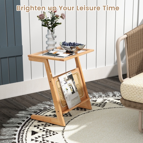 Topbuy 1pc/2pcs Z-shaped Side Table w/ Rattan Shelf Glass Top End Table w/ Magazine Rack Space-saving Sofa side Bedside Table
