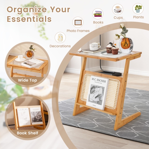 Topbuy 1pc/2pcs Z-shaped Side Table w/ Rattan Shelf Glass Top End Table w/ Magazine Rack Space-saving Sofa side Bedside Table