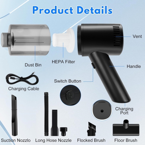 Handheld Vacuum Cleaner Cordless, 120W Powerful Mini Car Vacuum Cleaner, 5000Pa Portable Hand Held Vacuum for Car, Office, Home, Pet, Hair Cleaning,