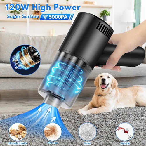 Handheld Vacuum Cleaner Cordless, 120W Powerful Mini Car Vacuum Cleaner,  5000Pa Portable Hand Held Vacuum for Car, Office, Home, Pet, Hair Cleaning,  Black