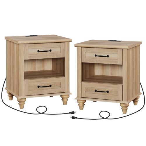 WAMPAT  Set Of 2 End Tables With USB Charging Station&2 Drawers, Nightstands for Living Room, Bedroom, Oak