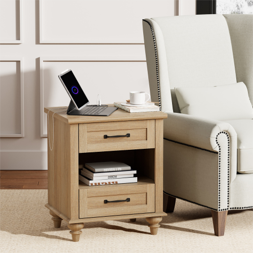 WAMPAT Set of 2 End Tables with USB Charging Station&2 Drawers, Nightstands for Living Room, Bedroom, Oak