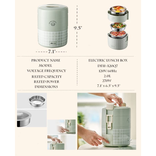 Bear Electric Lunchbox 2.0L DFH-A20Q7 Green Portable Food Heater Warmer 120V for Home/Office with Removable 304 Stainless Steel Food Container(3