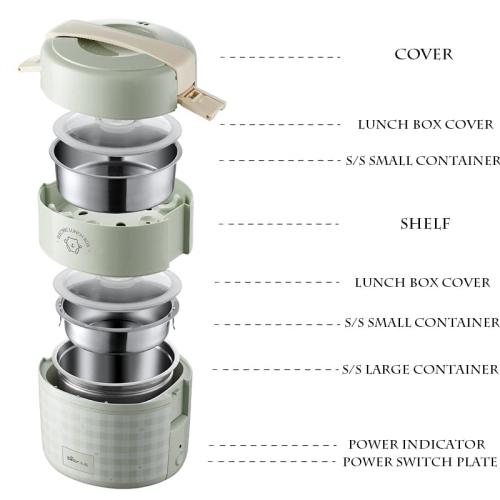 Bear Electric Lunchbox 2.0L DFH-A20Q7 Green Portable Food Heater Warmer 120V for Home/Office with Removable 304 Stainless Steel Food Container(3