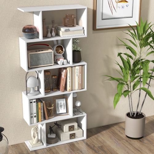 Topbuy 5-Tier Geometric Bookshelf Wooden Decorative Display Shelf w/Large Capacity Freestanding S-shaped Bookcase Black/White/Rustic Brown