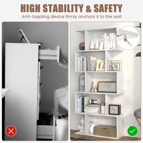 Topbuy 5-Tier Geometric Bookshelf Wooden Decorative Display Shelf w/Large Capacity Freestanding S-shaped Bookcase Black/White/Rustic Brown