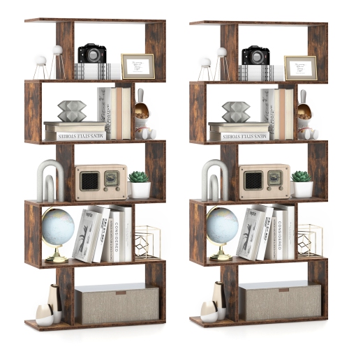 TOPBUY  2PCs 5-Tier Geometric Bookshelf Wooden Decorative Display Shelf W/large Capacity Freestanding S-Shaped Bookcase Black/white/rustic In Brown