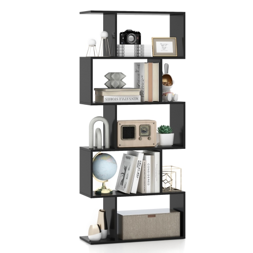 TOPBUY  5-Tier Geometric Bookshelf Wooden Decorative Display Shelf W/large Capacity Freestanding S-Shaped Bookcase Black/white/rustic In Brown