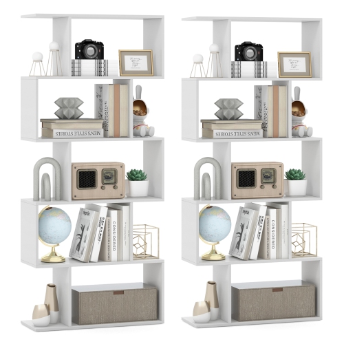 TOPBUY  2PCs 5-Tier Geometric Bookshelf Wooden Decorative Display Shelf W/large Capacity Freestanding S-Shaped Bookcase Black/white/rustic In Brown