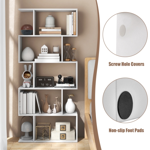 Topbuy 2pcs 5-Tier Geometric Bookshelf Wooden Decorative Display Shelf w/Large Capacity Freestanding S-shaped Bookcase Black/White/Rustic Brown