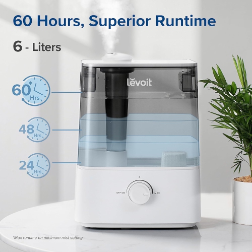 LEVOIT Humidifier for Bedroom Large Room, 6L Top Fill Cool Mist Humidifiers Plants, Baby, Lasts Up to 60h, Quiet Operation, Automatic Shut-Off, Grey