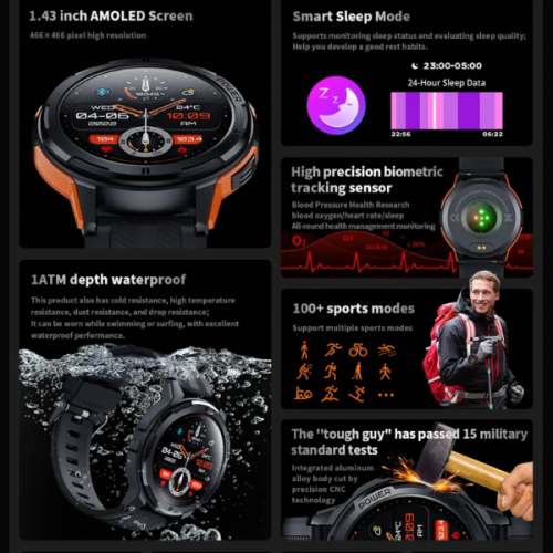 TUTT Smartwatch for Men | 1 ATM 10 Meter Depth AMOLED screen | 410mah Long Battery Life Fitness Health Tracking Smart Watch Military Rugged C25
