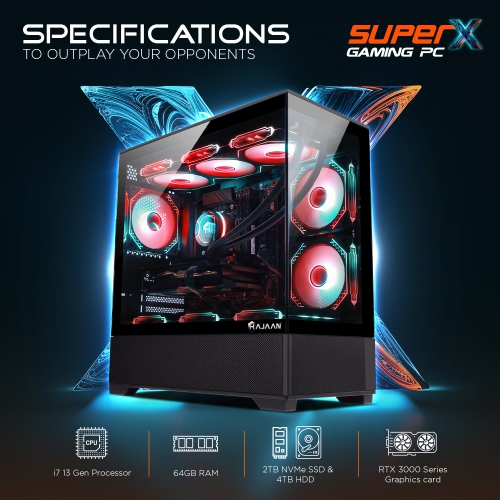 HAJAAN SuperX Gaming PC – Intel i7 13700F - GeForce RTX 3070 8GB - 64GB DDR4 - 2TB NVMe SSD - 4TB HDD - Windows 11 Pro - WiFi - Bluetooth -