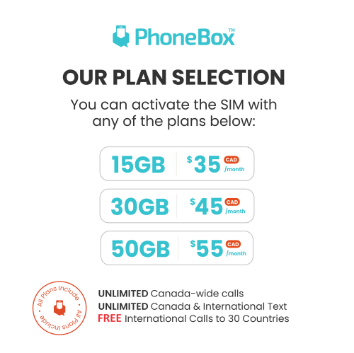 PhoneBox Canada Monthly SIM Card with International Calls! | Choose from 7GB, 25GB, or 50GB | No Contracts! Affordable Plans! Talk, Text, Data