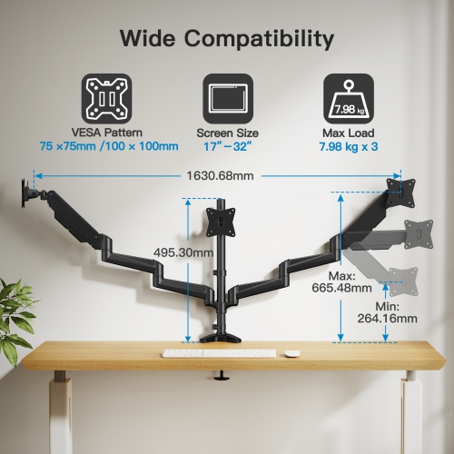 Support pour trois moniteurs de HUANUO, support à ressort à gaz réglable pour écrans de 17 à 32&nbsp;po, support de bureau pour ordinateur Expédition