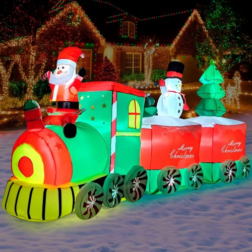 ALL YOU NEED  10.5 Ft Inflatable Santa Christmas Train, Christmas Patio Decoration \w Built In Led Lights for Indoor, Outdoor, Home, Lawn, Christmas