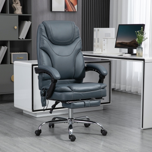 Vinsetto PU Leather Massage Office Chair with 6 Vibration Points, Heated Reclining Computer Desk Chair with Adjustable Height, Footrest, Grey