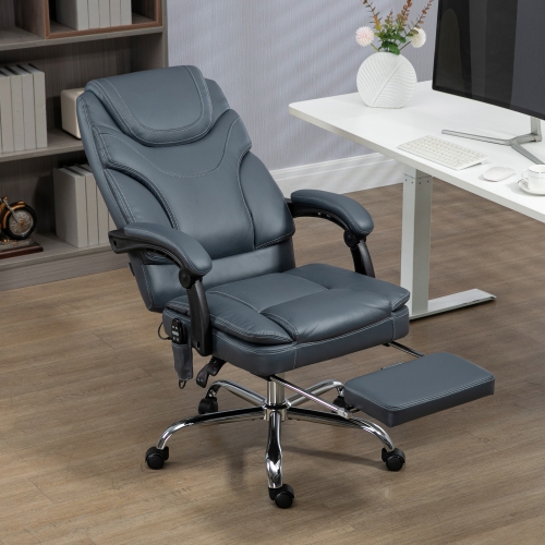 Vinsetto PU Leather Massage Office Chair with 6 Vibration Points, Heated Reclining Computer Desk Chair with Adjustable Height, Footrest, Grey