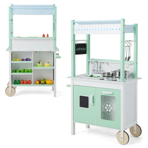 GYMAX  Double-Sided Pretend Play Kitchen Kids Wooden Grocery Stand W/ Remote Control