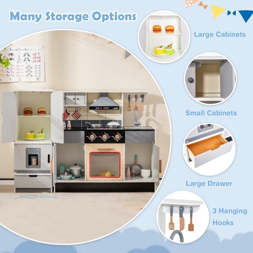 Gymax Kids Wooden Pretend Play Kitchen Toddlers Toy with Refrigerator & Accessories