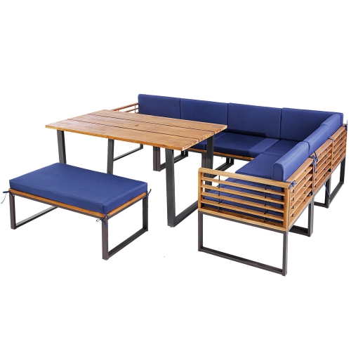 Gymax 8PCS Patio Dining Set Acacia Wood L Shaped Sectional Sofa Set w/ Navy Cushions