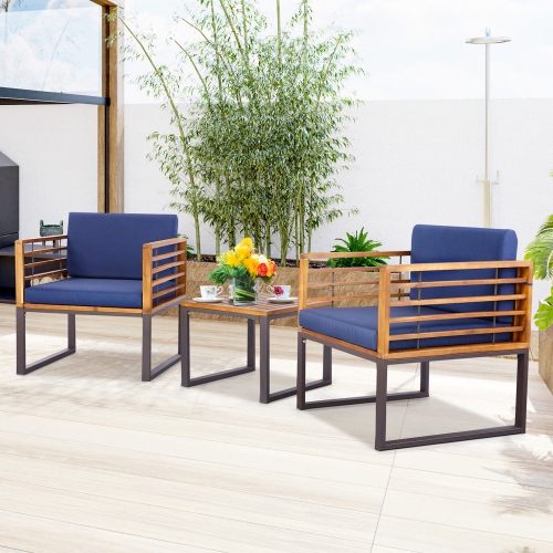 GYMAX  3PCs Acacia Wood Patio Bistro Set Outdoor Conversation Furniture Set W/ Cushions In Navy