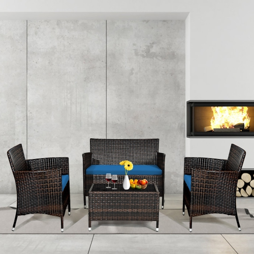 Gymax 4PCS Patio Rattan Conversation Furniture Set Outdoor w/ Peacock Blue Cushion