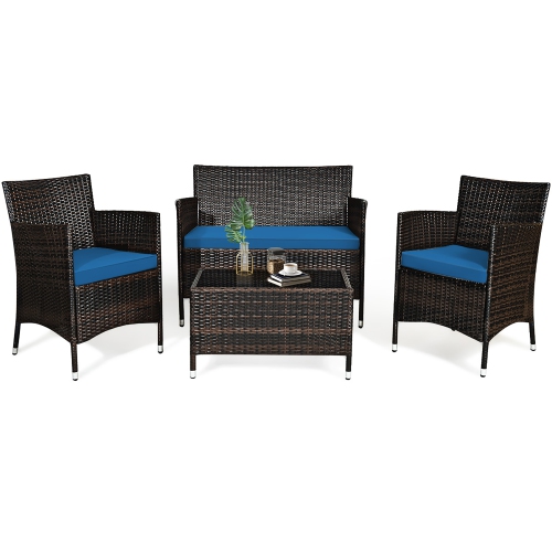 Gymax 4PCS Patio Rattan Conversation Furniture Set Outdoor w/ Peacock Blue Cushion