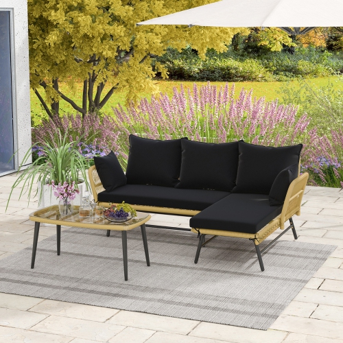 GYMAX  3PCs Patio Wicker Furniture Set L-Shaped Sofa Conversation Set W/ Cushions